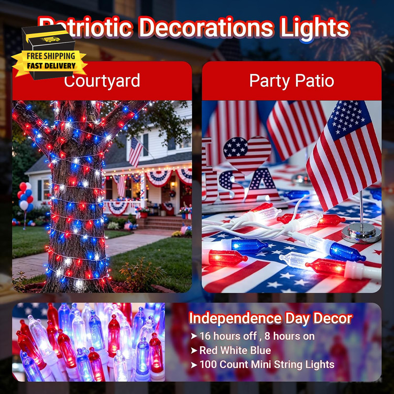 33FT 100 LED Mini Patriotic String Lights, White Wire 4 Inch Spacing Plug-In Wat gallery