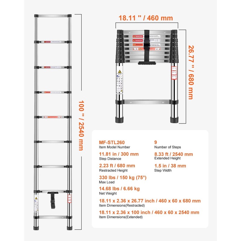 8.5ft Telescoping Ladder, Stainless Steel Lightweight Extension Ladder gallery