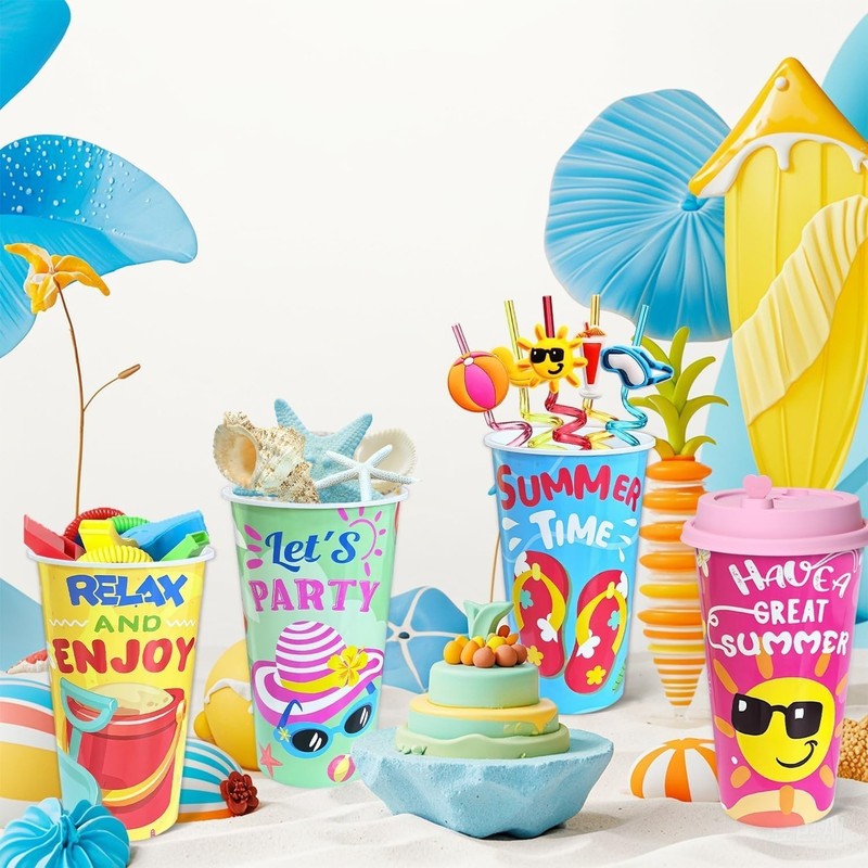 24 Sets Pool Beach Birthday Party Decorations Cups with Summer Silly Straws Bulk gallery