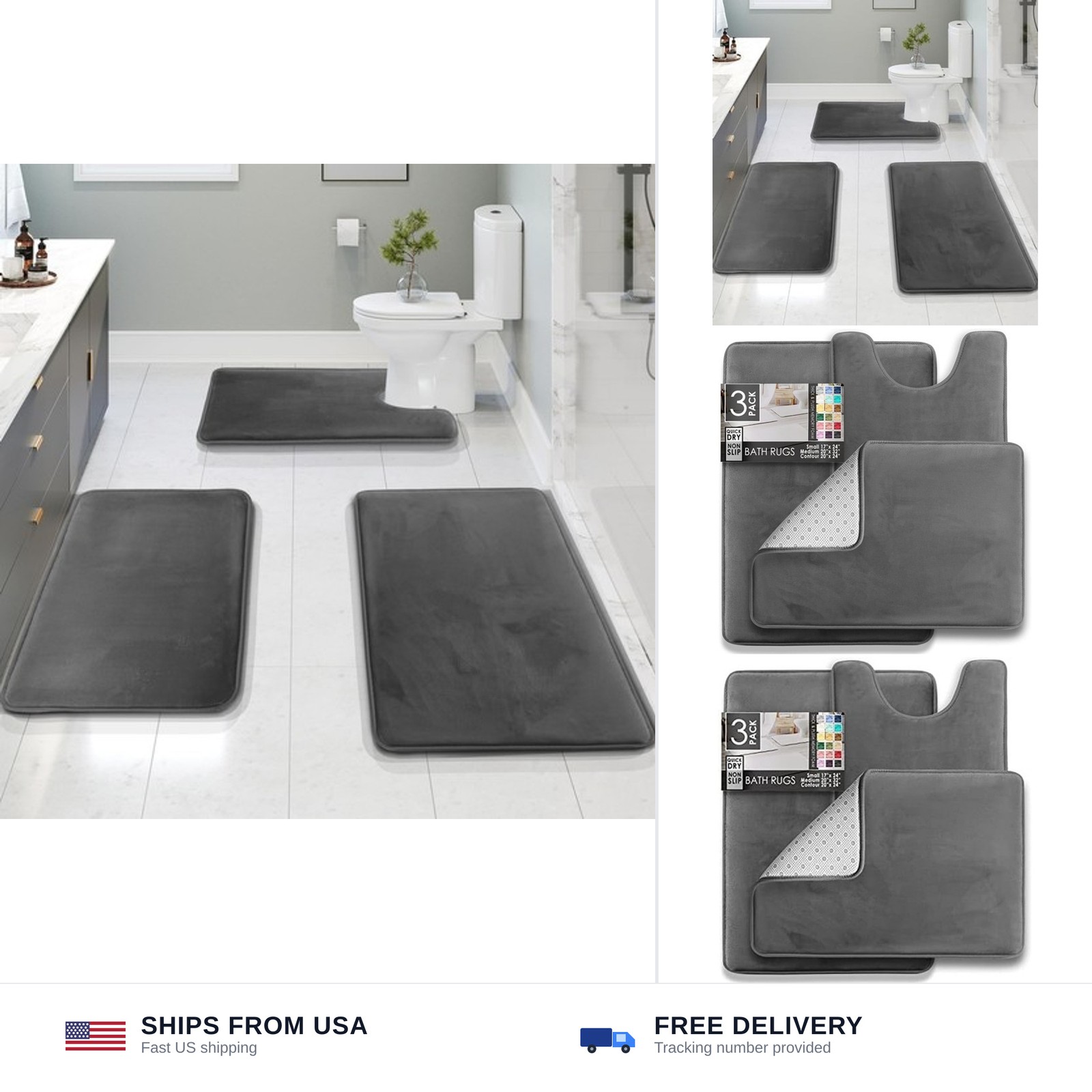 Clara Clark 3 Piece Bathroom Rugs Bath Mat Set, Velvet Memory Foam Bath Mats ... gallery