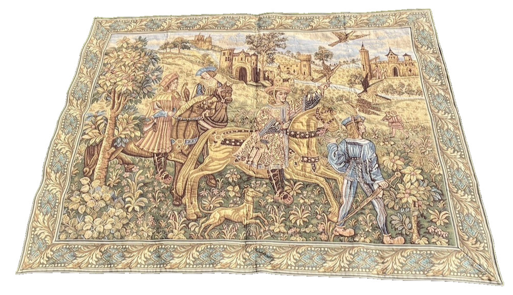 Large Woven Tapestry Wall Hanging Falcon Hunt Scene Horses Dogs Birds 84x62