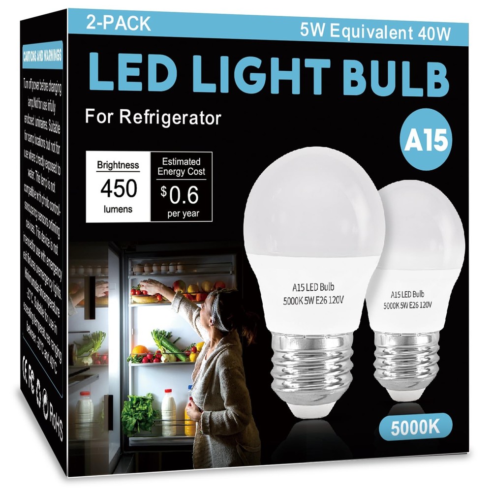 LOXYEE LED Refrigerator Light Bulb 2 Pack，Daylight White 5000K 120V 40W