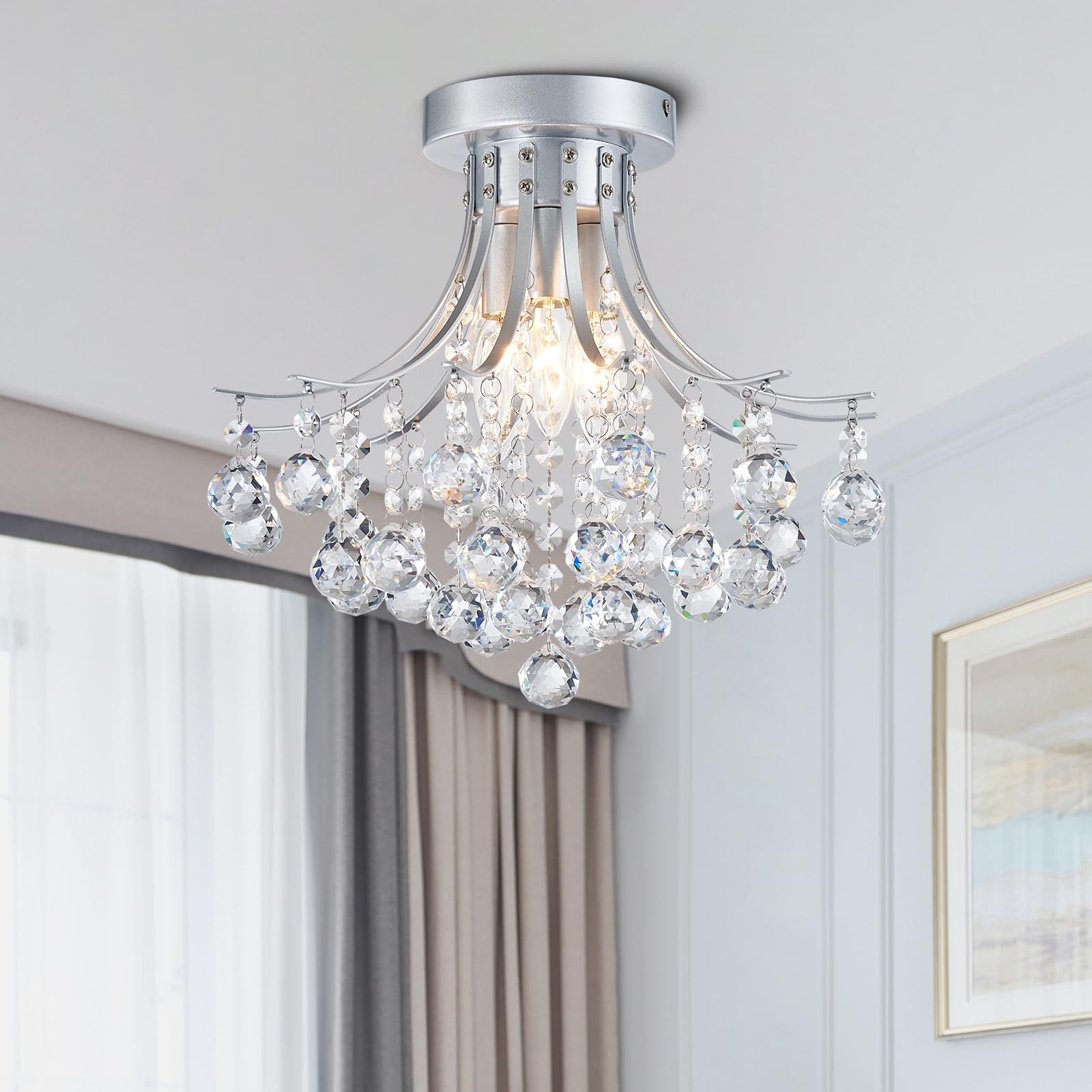 Modern Silver Crystal Semi-Flush Mount Chandelier Lighting Ceiling Light Fixt... gallery