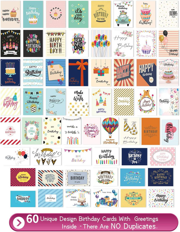 60 Unique Birthday Cards - Assorted Happy Birthday Cards, 5 x 7 inches, With Mes gallery