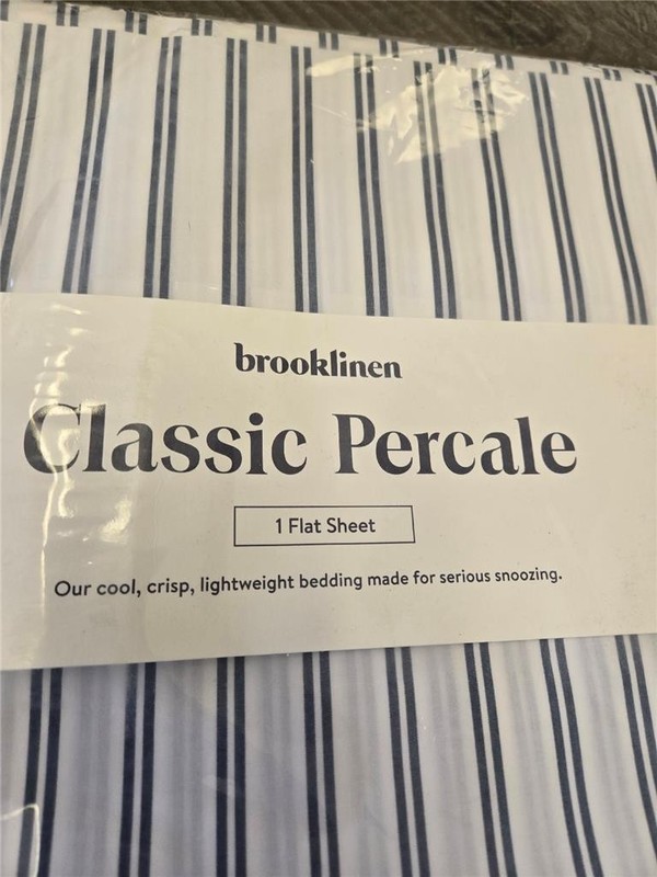 == Brooklinen Flat Sheet Classic Percale CAL King Tandem Stripe in Storm NEW gallery