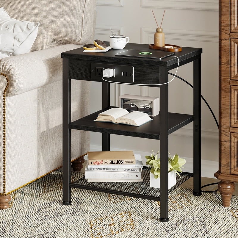 Gianna Small Side Table – 15.7", Charging Station, 3-Tier, Black gallery