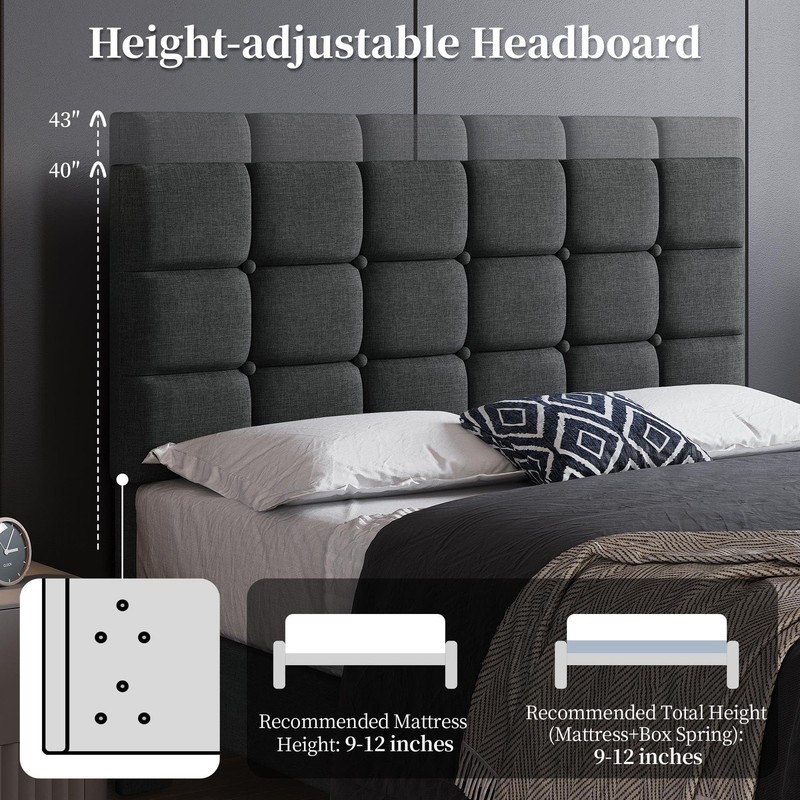 Upholstered Bed Frame, Modern Full Bed Platform with Square Stitched, Dark Gray gallery