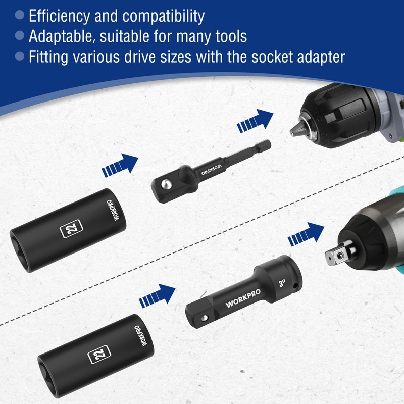WORKPRO 20-Piece 1/2＂ Drive Deep Impact Socket Set, 6-Point, Cr-V Steel 10-27mm gallery