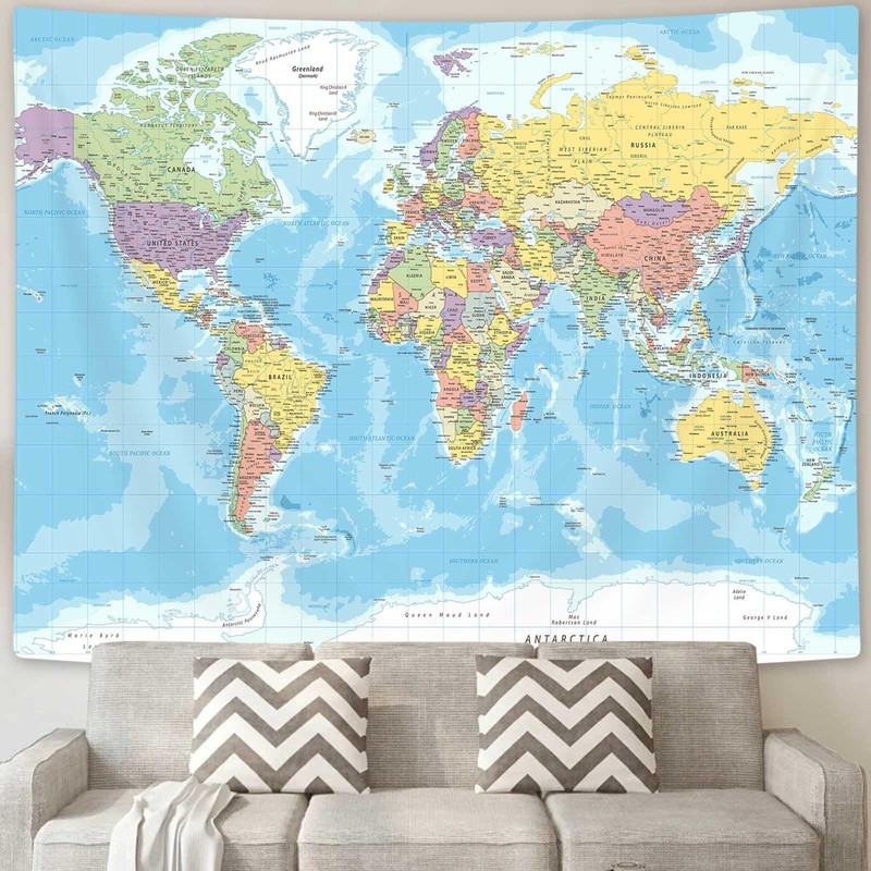 ICTEISOM World Map Tapestry Wall Hanging, of The 60L x 40W, Blue gallery