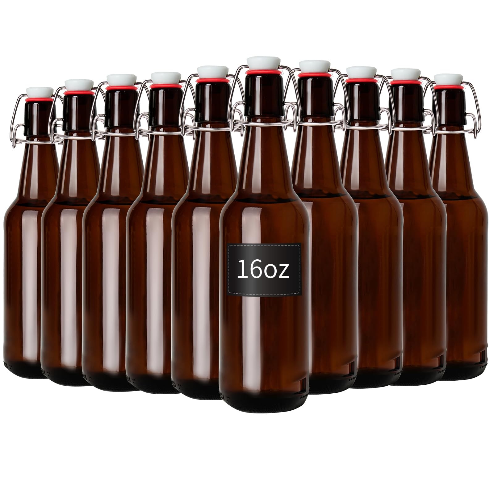 Zelomithe 16oz Amber Glass Bottles with Airtight Rubber Seal Flip Caps (10 Pack) gallery
