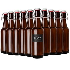 Zelomithe 16oz Amber Glass Bottles with Airtight Rubber Seal Flip Caps (10 Pack)