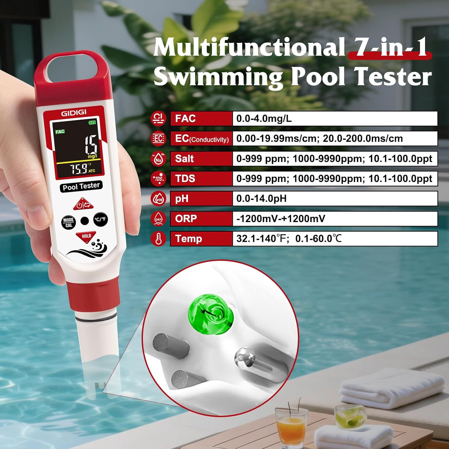 Digital Chlorine Tester Pool Salinity Meter, 7-In-1 Ph Meter Test FAC Ph Salt OR gallery