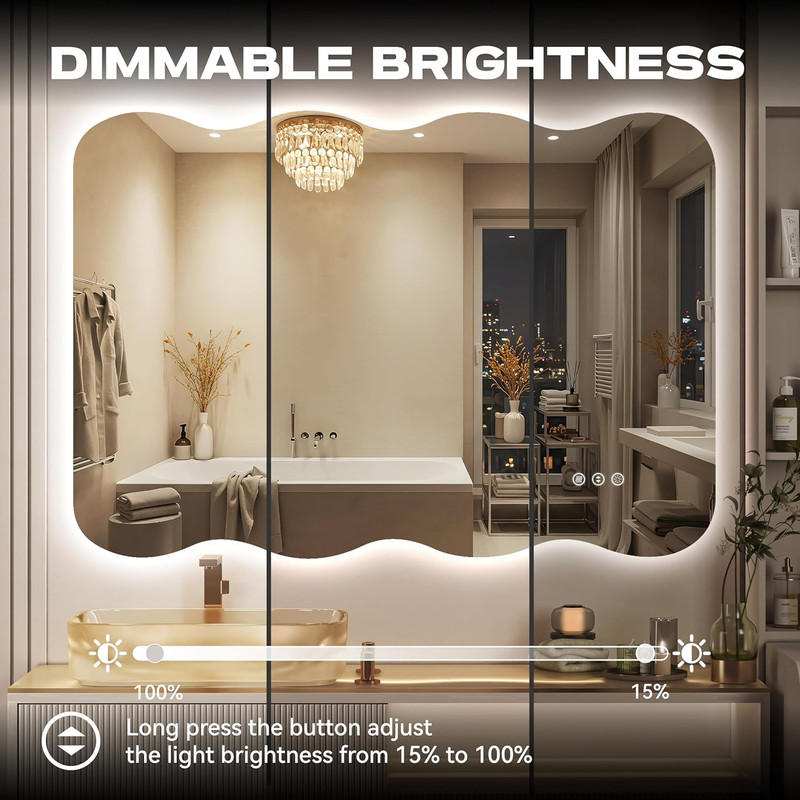 Dimmable LED Wavy Full Length Mirror - 40"x32" Frameless Floor/Wall Mount gallery