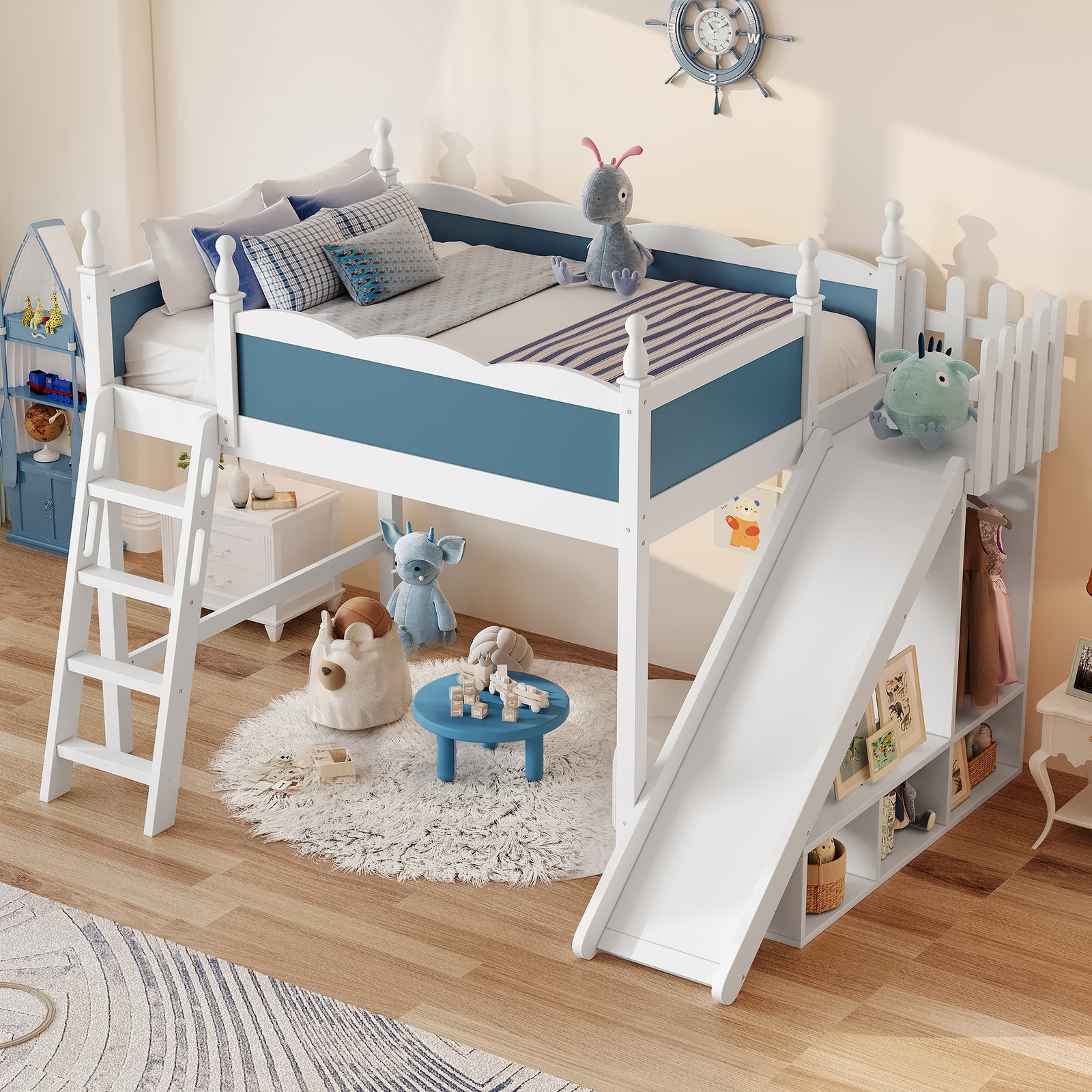 Full Loft Bed w/Storage Shelves & Wardrobe,Wood Bed Frame w/Detachable Slide gallery