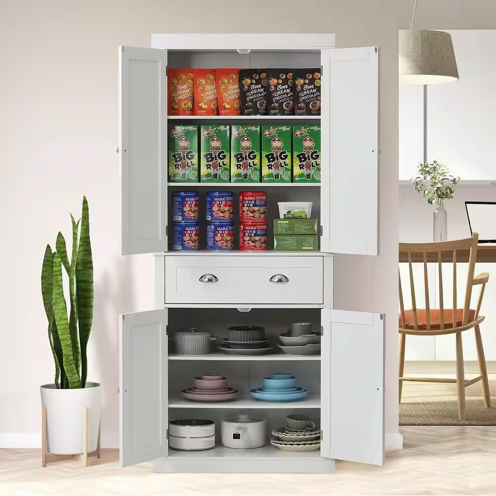 White 72 In. Kitchen Pantry Storage Cabinet, Freestanding Utility Cabinets with gallery