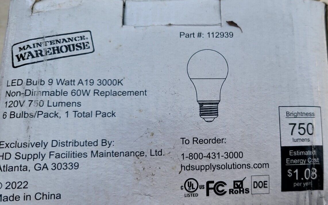 (6 Pack) Maintenance Warehouse 9W A19 LED Bulb (3000K) Non Dimmable, 750 Lumens gallery
