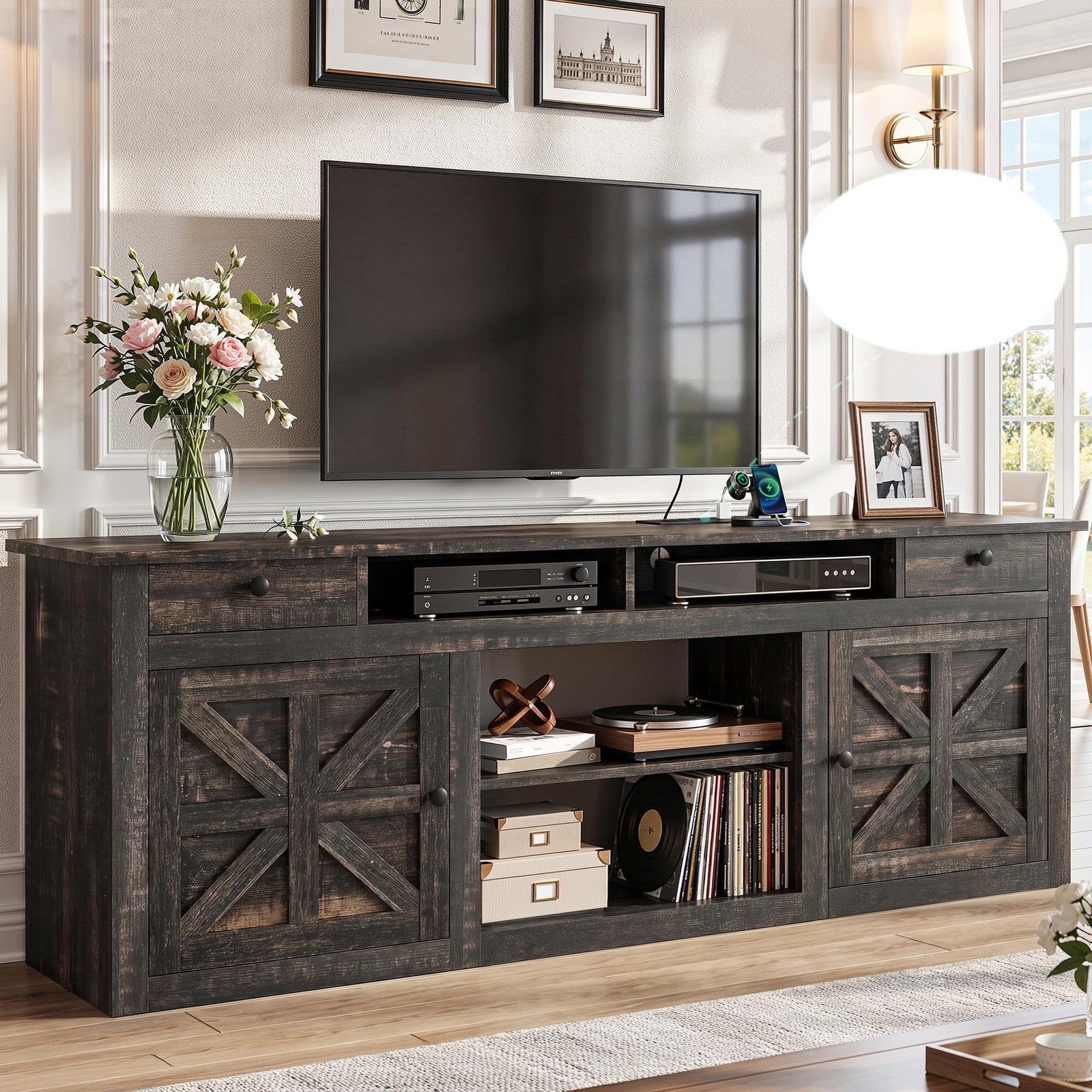 TV Stand 70 Dark Rustic Oak Entertainment Center Power Outlet MAYIHQeik7 75/80 gallery