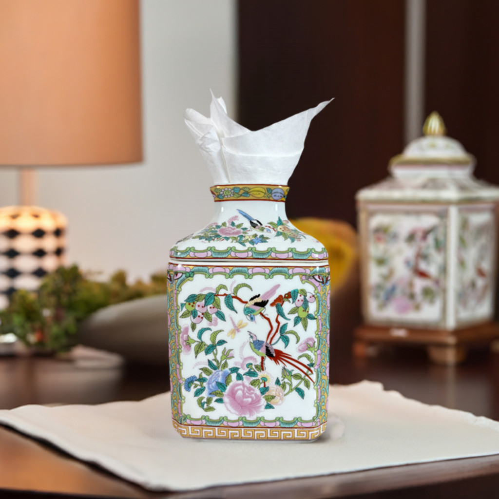 Rose Canton Chinoiserie Porcelain Tissue Box Holder Cover++ gallery