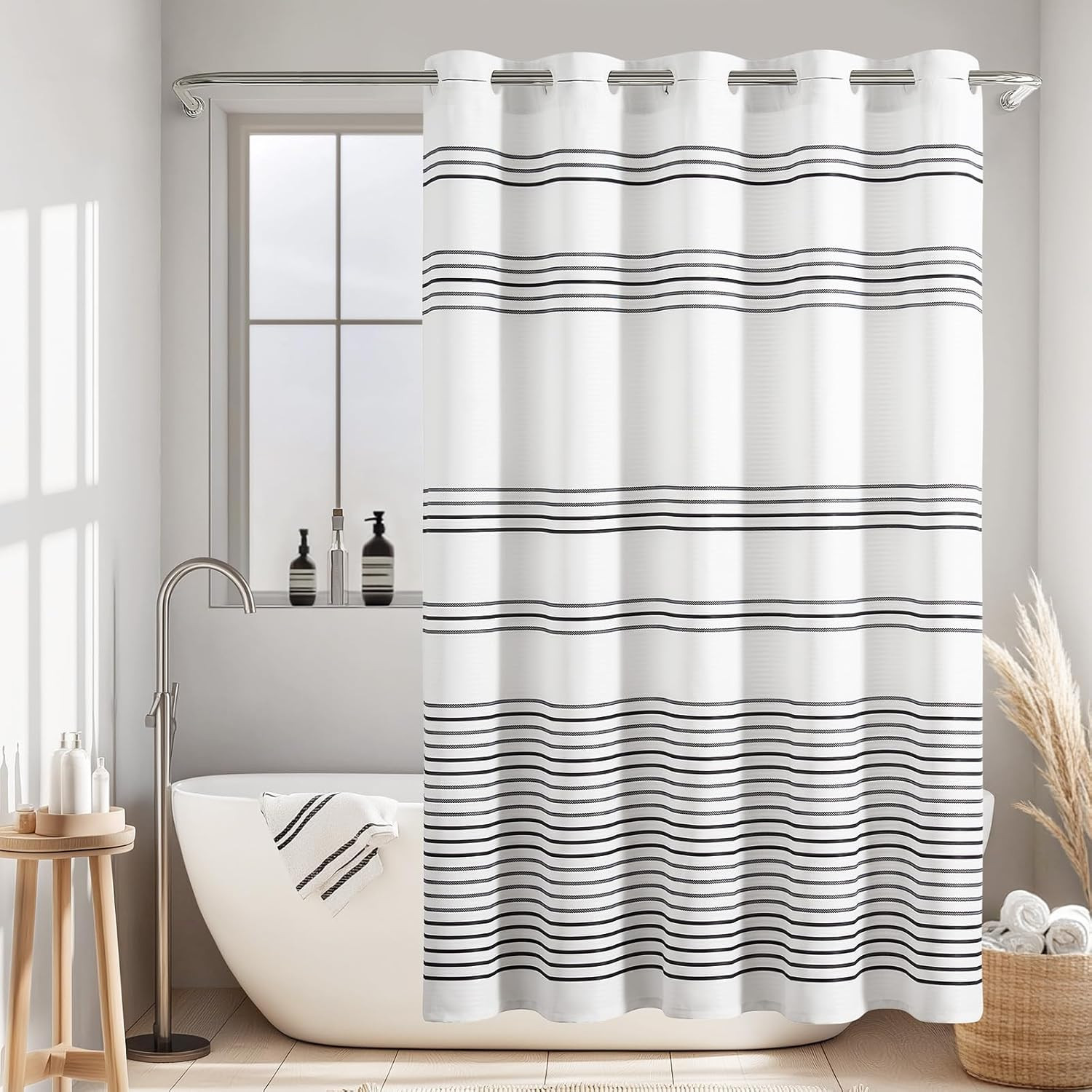 Hookless Shower Curtain Black and White Striped Waterproof Fabric Shower Curtain gallery