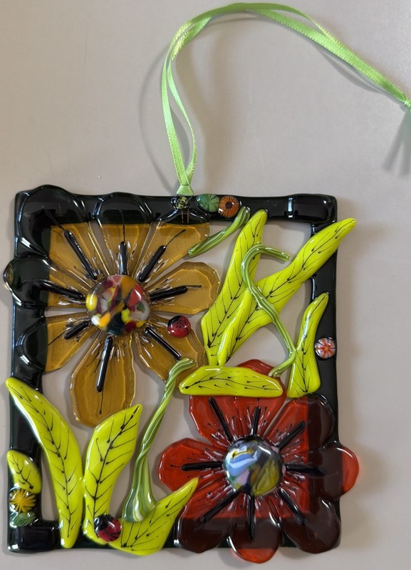 Fused Glass Handmade Rectangular Multicolor Sun Catcher Signed By Artist gallery