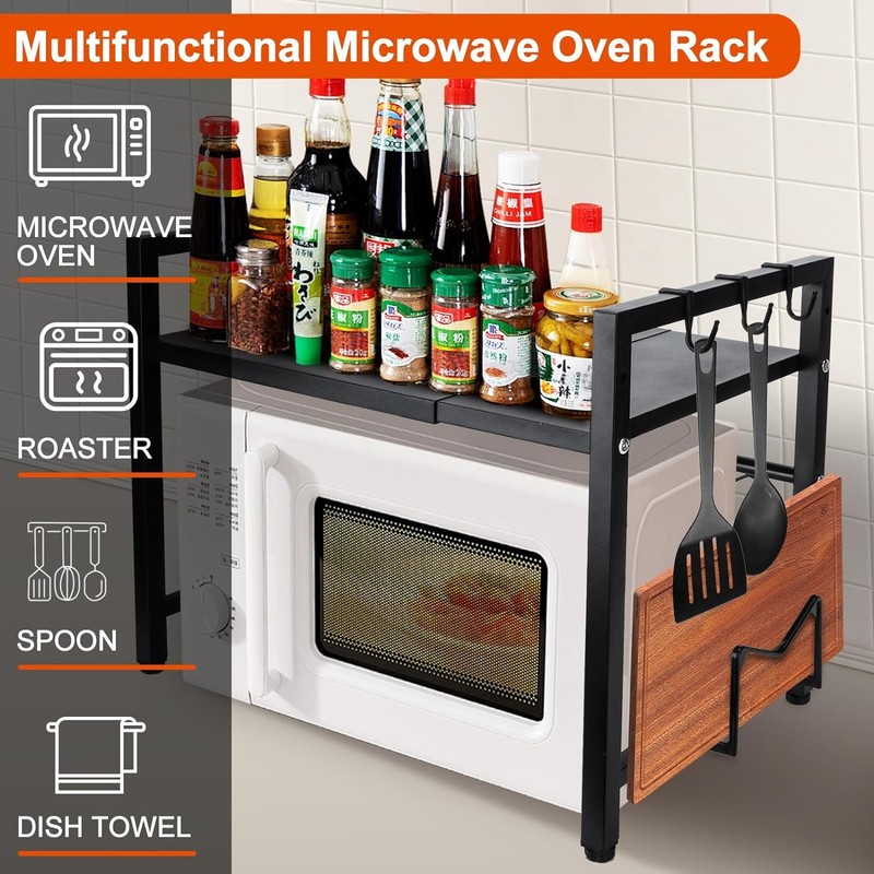 Expandable Microwave Stand with Hooks, Metal Kitchen Counter Shelf Organizer gallery