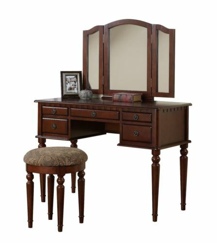 Cherry 3 pc Vanity Set Tri Mirror Wooden Table Stool Makeup Drawer Bedroom Desk gallery