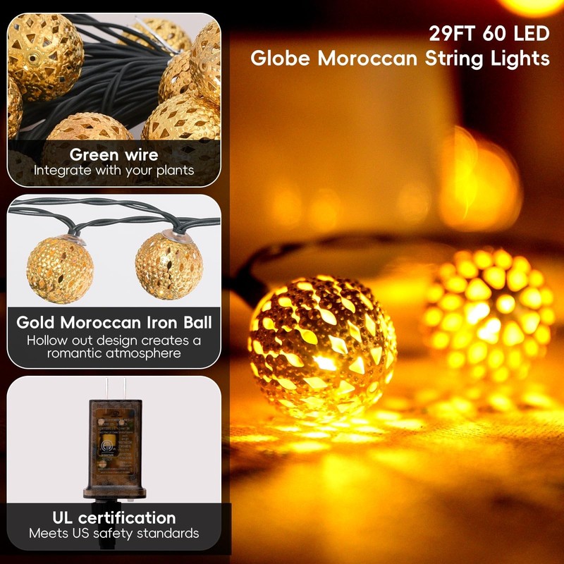 Moroccan String Lights Plug-in 60 LED 29ft Indoor Outdoor Waterproof 8 Modes ... gallery