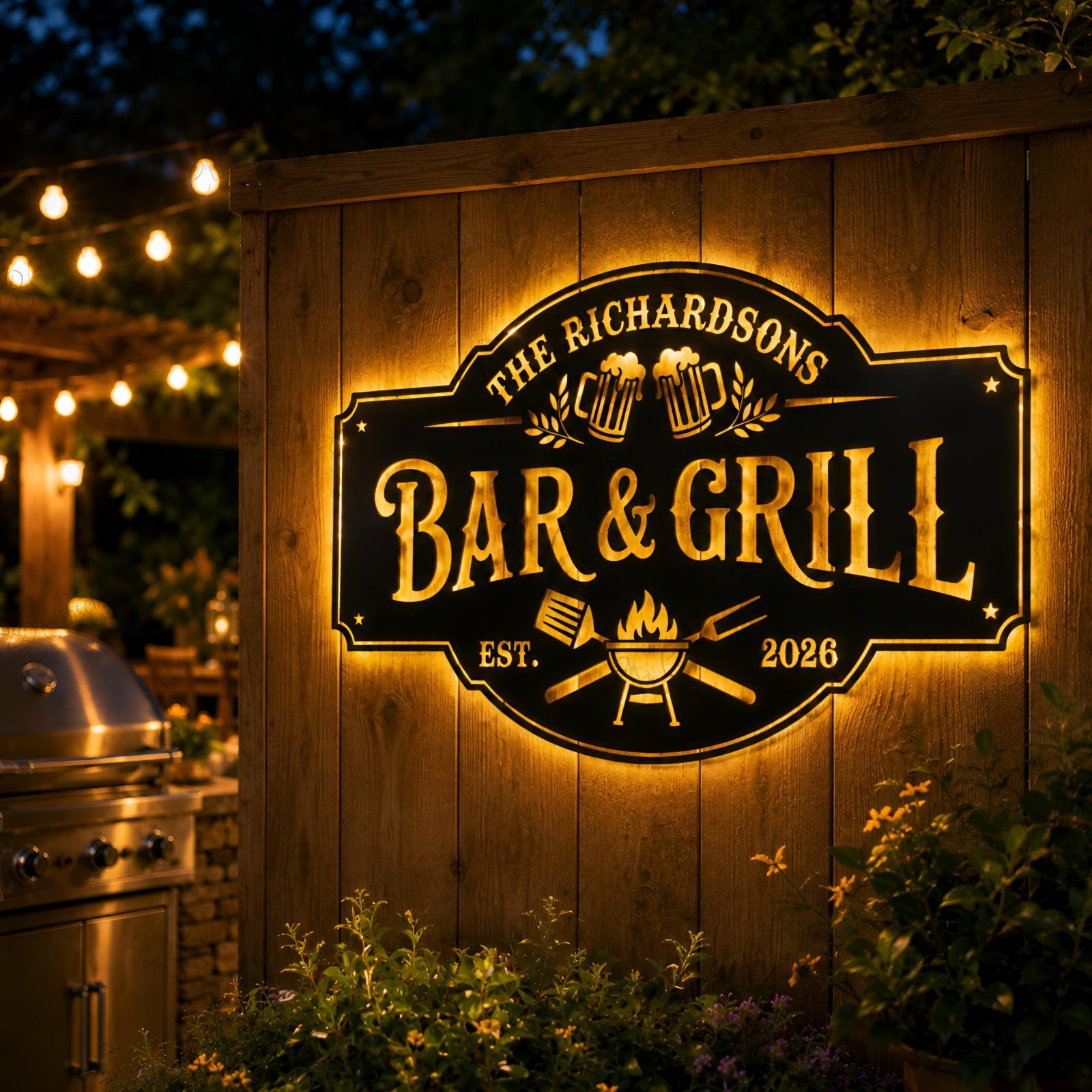 Personalized Bar and Grill Sign With Led Light, Home Bar Decor, Backyard BBQ gallery