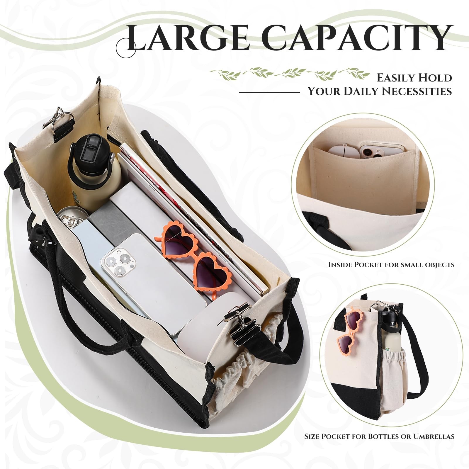 Sweetude 4 Pcs Canvas Tote Bag Shoulder Strap Black White Canvas Bag Zipper gallery
