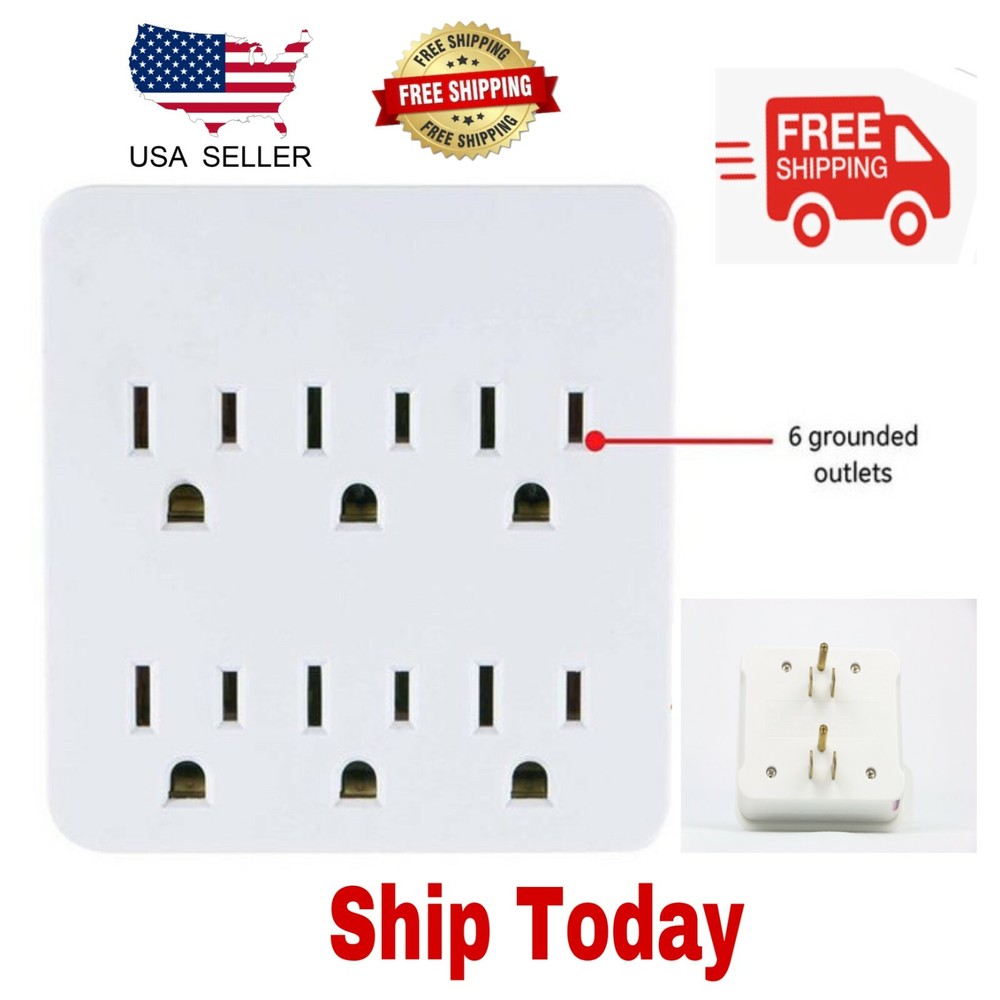 6 Grounded Outlets Tap Electric General Wall Outlet Extender 6 Prong Multi Plug