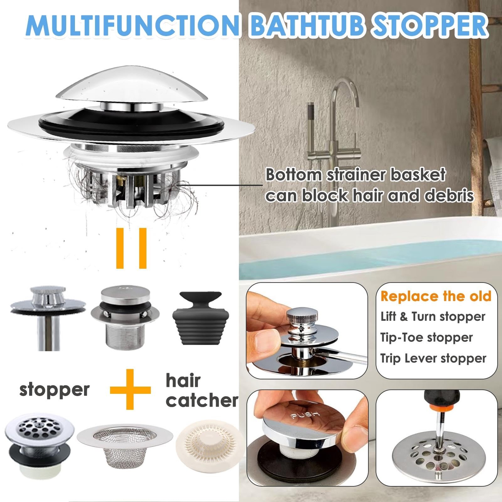 Bath Tub Drain Plug, Lift And Turn Replacement, Hair Catcher, Silver gallery