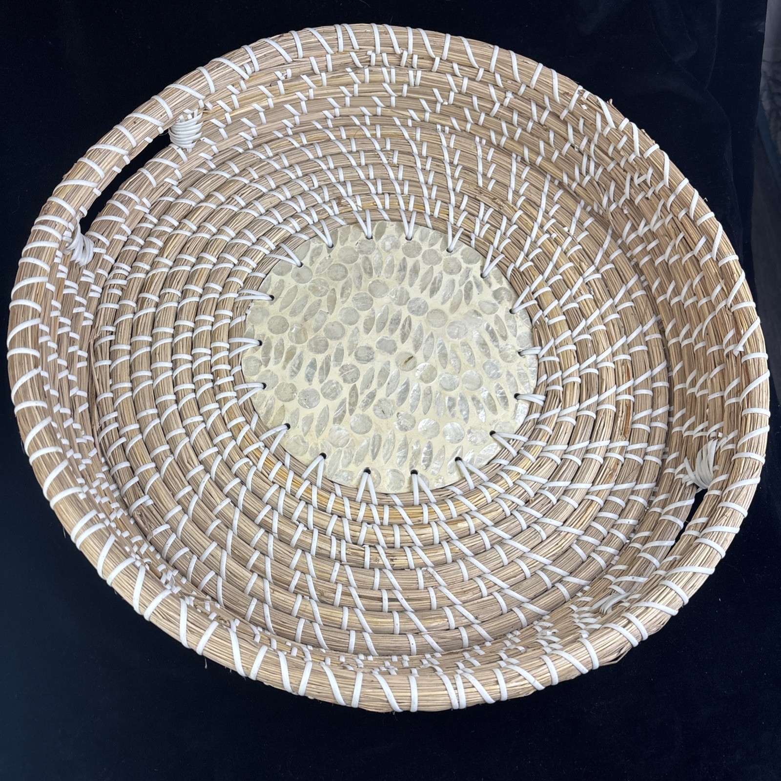 17” Woven Rattan Seagrass Serving Tray Mother Of Pearl In Bottom Round Basket gallery
