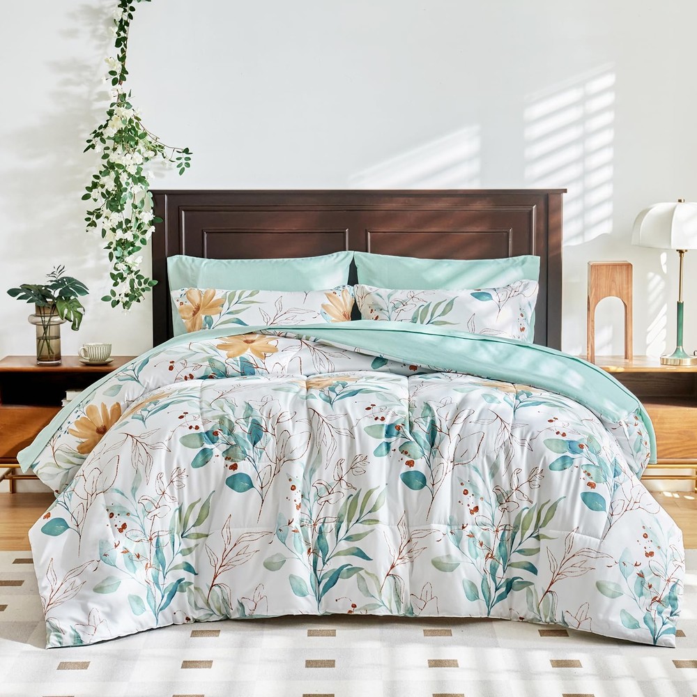 Uozzi Bedding Leaves Comforter Sheet Set White Bed In A Bag 7 Pieces King Size