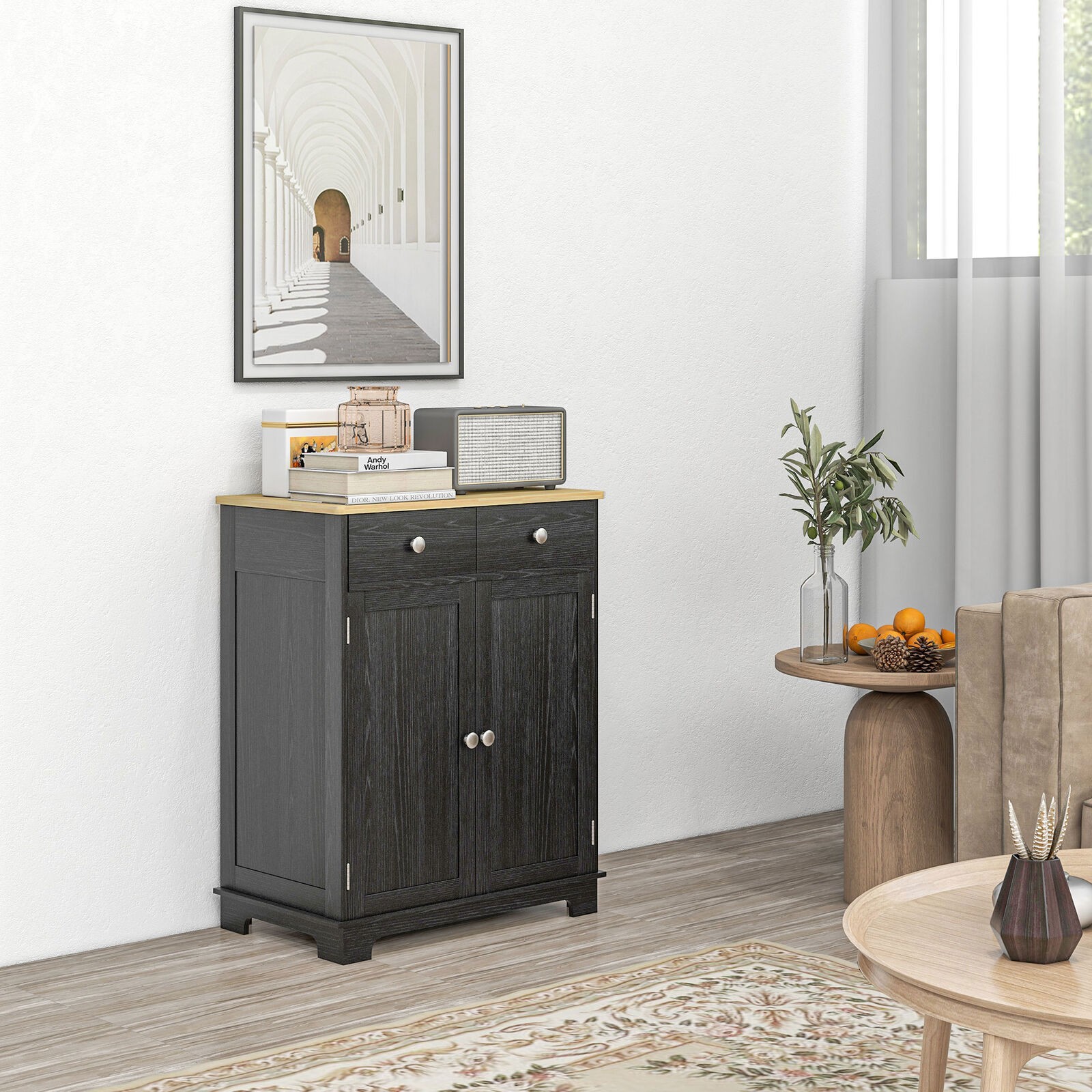 Kitchen Storage Cupboard Organizer Cabinet w/2 Drawers & Adjustable Shelf Black gallery