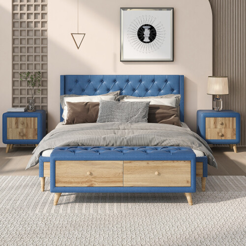 Full Queen Size Bedroom Sets Upholstered Platform Bed Frames Nightstands Bench gallery