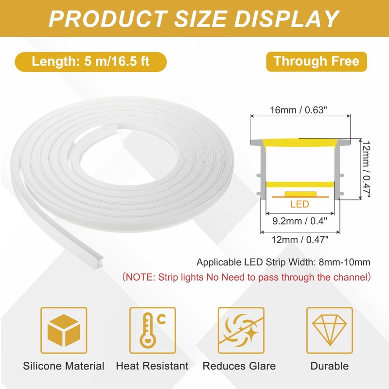 16.5ft/5m LED Diffuser Channel, 12x12mm Silicone LED Channel System gallery