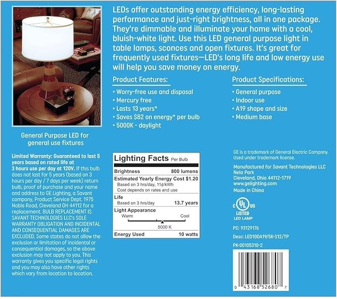 GE 60W 60 Watt Replacement Daylight LED, Dimmable, 800 Lumens, A19 - 12 Pack gallery