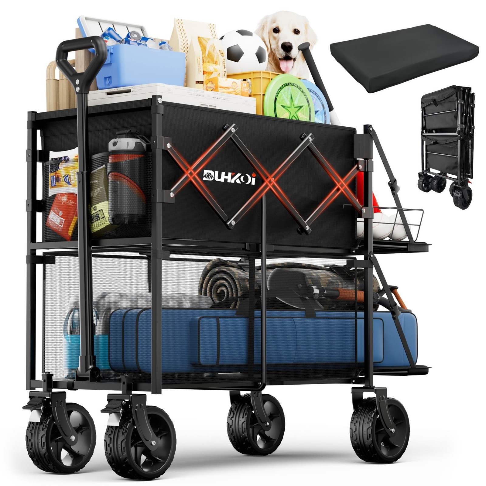 Double Decker Collapsible Wagon with Brakes, Folding Utility Cart with Big Al... gallery