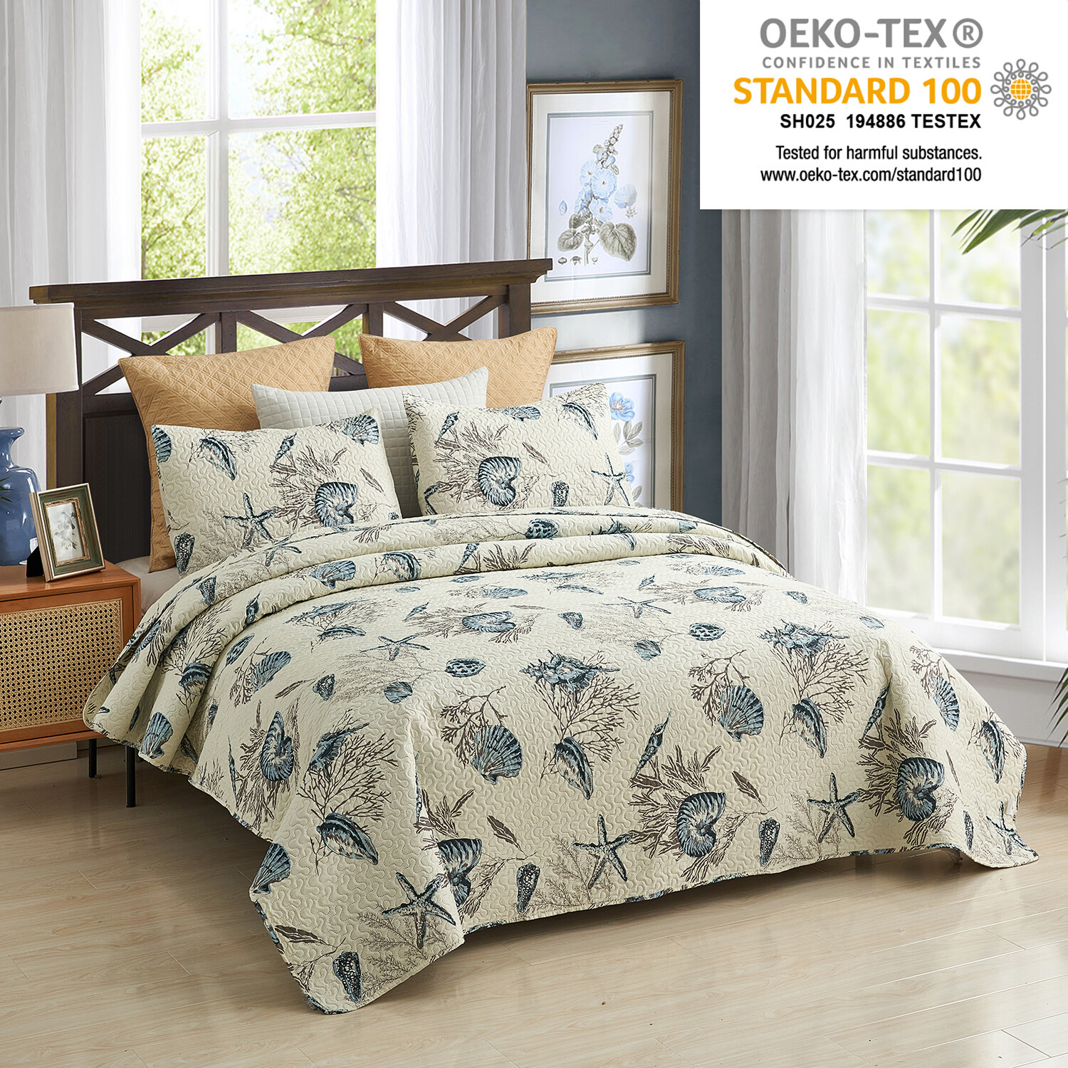3Piece Beach Coral Ocean Sea Shell Quilt Set Floral Bedspreads Coverlets Bedding gallery