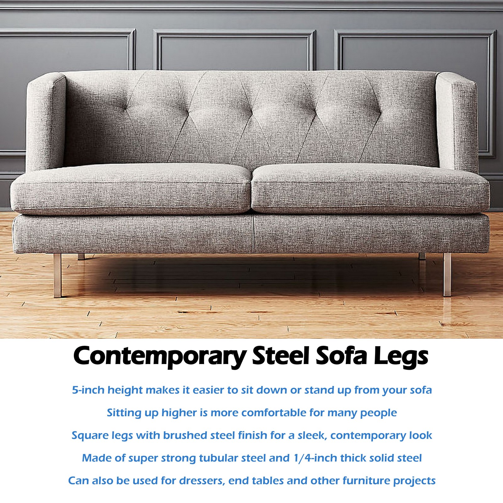 5” Sofa Couch Foot, Modern Square Corner Furniture Leg, Heavy Duty Brushed Steel gallery