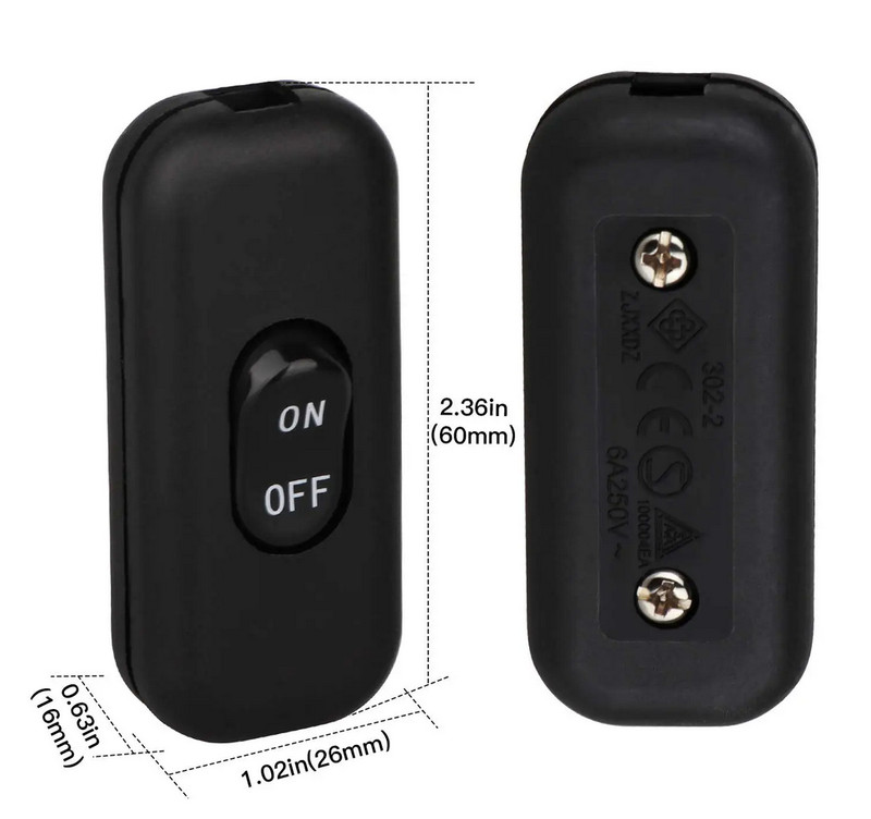 Inline Cord Rocker Switch On/Off Lamp Appliance 6Amp 120-250V 302-2 2pcs - Black gallery