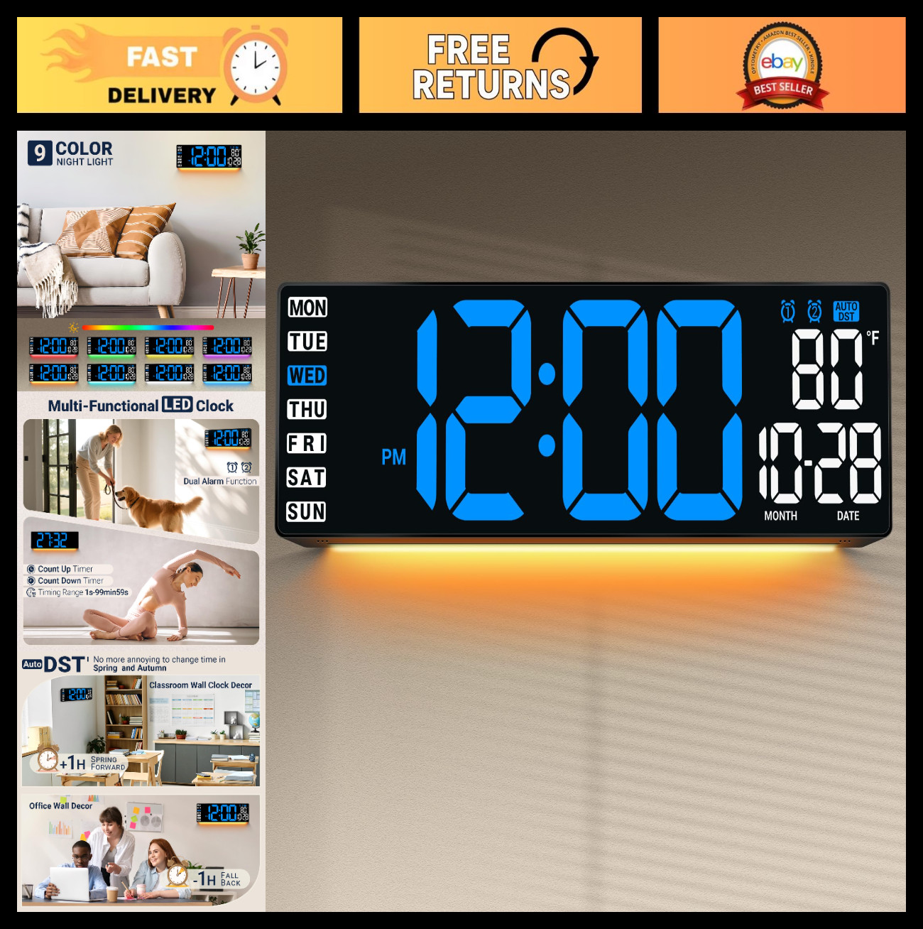 Large 16.5" Digital Wall Clock with Remote, Auto-Dimming LED, Date & Temp Displa gallery