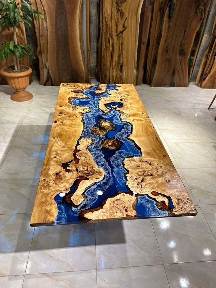 Live Edge Walnut Epoxy River Tabletop | Handmade Solid Wood | Blue Resin High