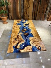 Live Edge Walnut Epoxy River Tabletop | Handmade Solid Wood | Blue Resin High