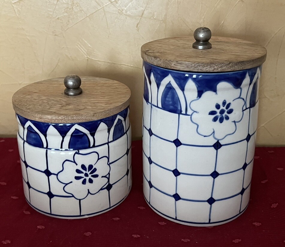 2 Blue Off White Storage Jars Canisters Wooden Lids Floral Pattern India gallery