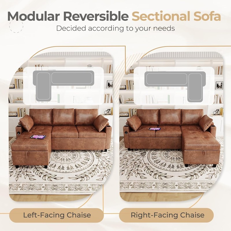 Sectional Sleeper Sofa Couch Leather Pull Out Bed Reversible Storage Chaise USB gallery