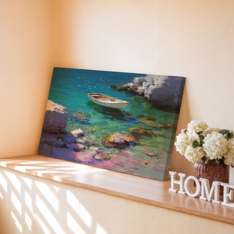Coastal Canvas Wall Art Featuring Small Boat Floating on Clear Rocky Waters gallery
