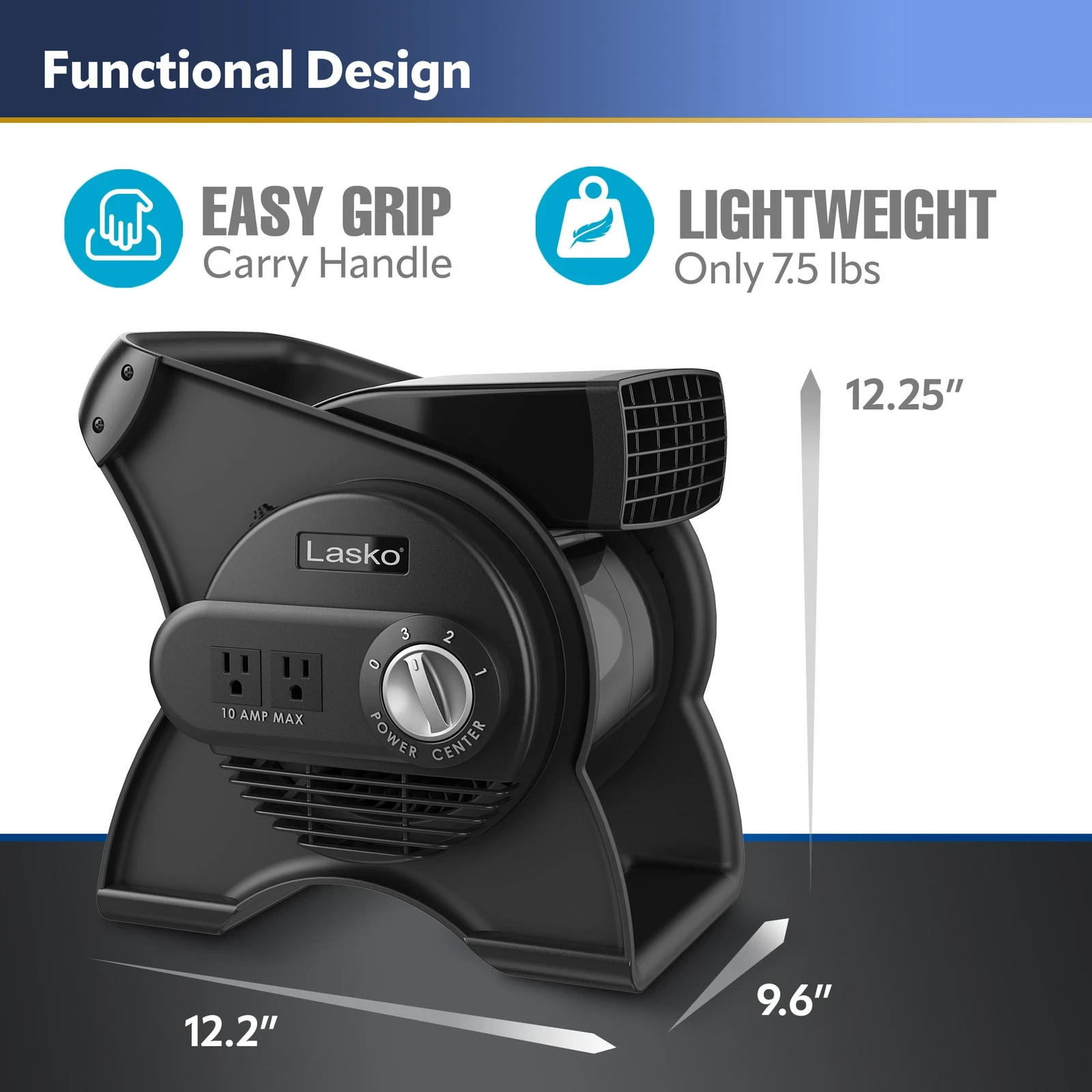 Lasko 12" Pivoting High Velocity Utility Blower Fan with 3 Speeds,2x 120V Outlet gallery