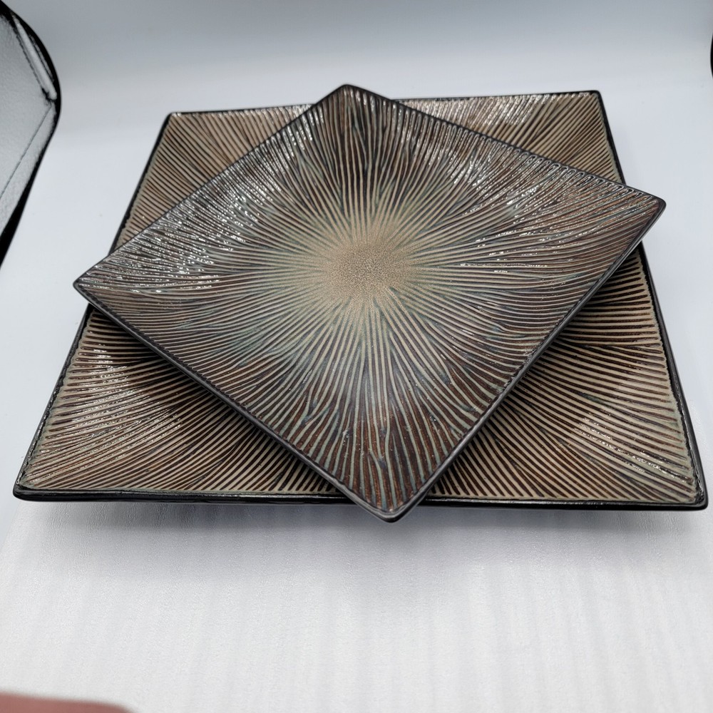 GABBAY Square 2 Pc Dinner & Lunch Plate Set. Rustic Brown Black Starburst....