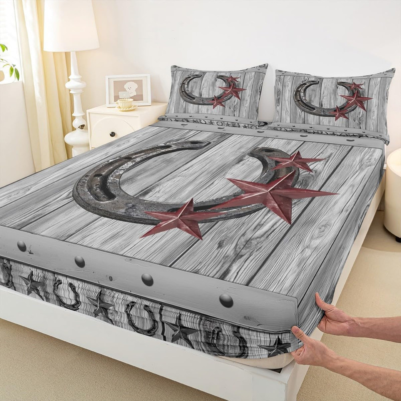 Rustic Grey Horseshoe Sheet Set Queen Size for Kids & Teens Room Decor 4Pcs gallery